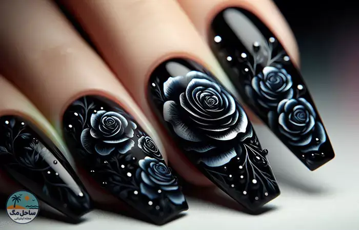 Black with rose nail design