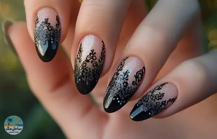 Black gothic lace nail design