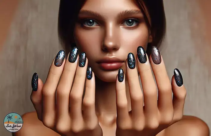 Black with holographic glitter nail design