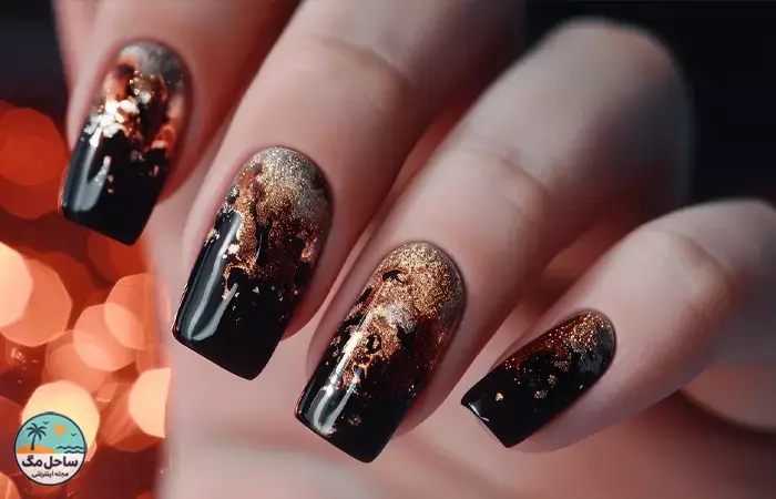 Black nail polish with gold marbling