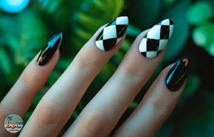 Black and white checkerboard nail design