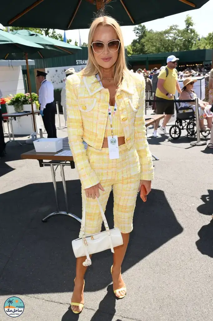 Amanda Holden yellow and white check outfit at wimbledon