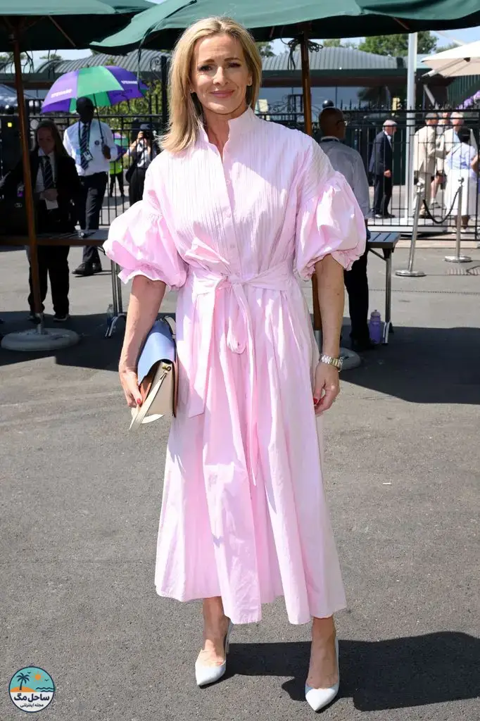 Gabby Logan at Wimbledon 2026 wearing a pink dress