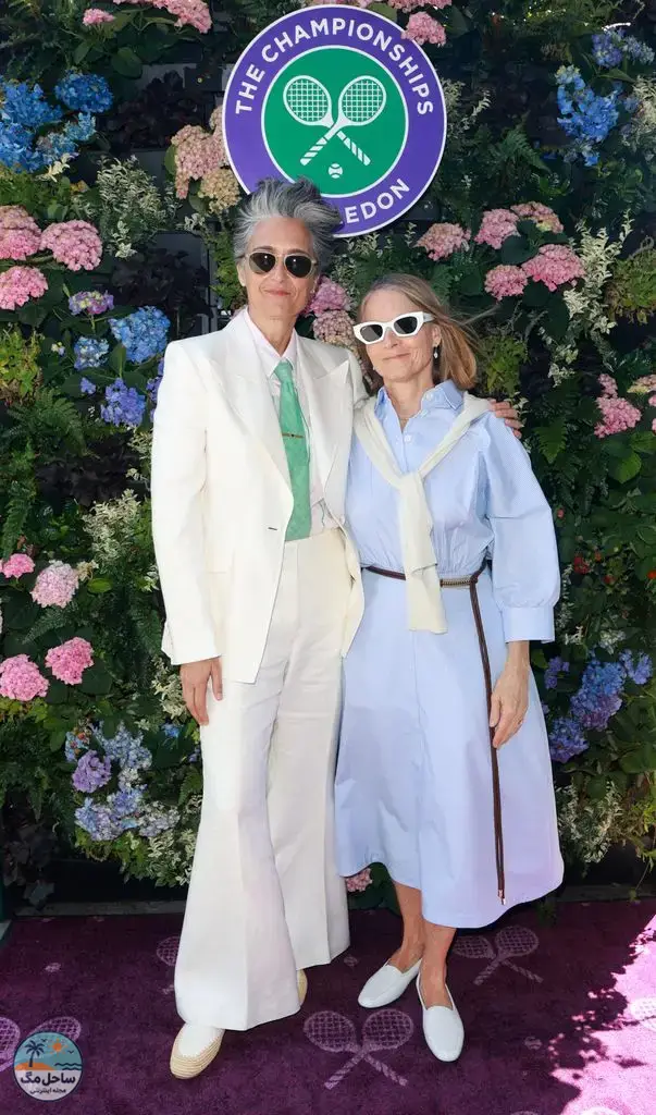Jodie Foster wearing a blue shirt dress at Wimbledon